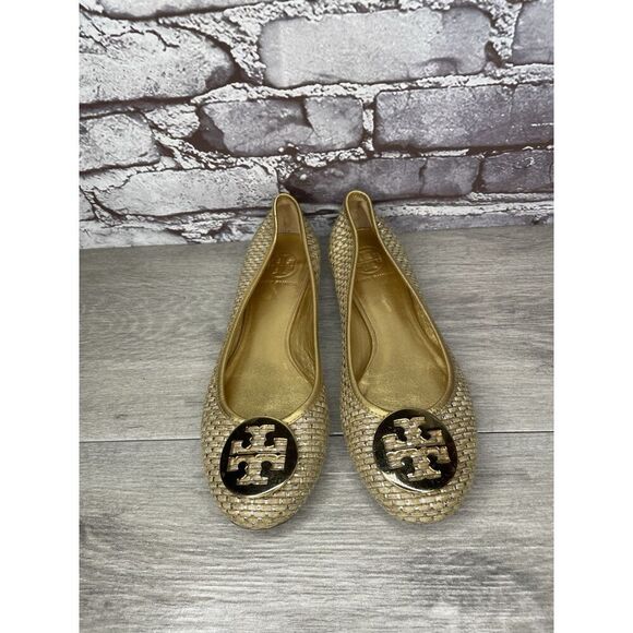 Tory Burch Straw Reva Gold Leather Logo Ballet Flats Women’s Sz 7.5M US/38EU - Picture 13 of 16